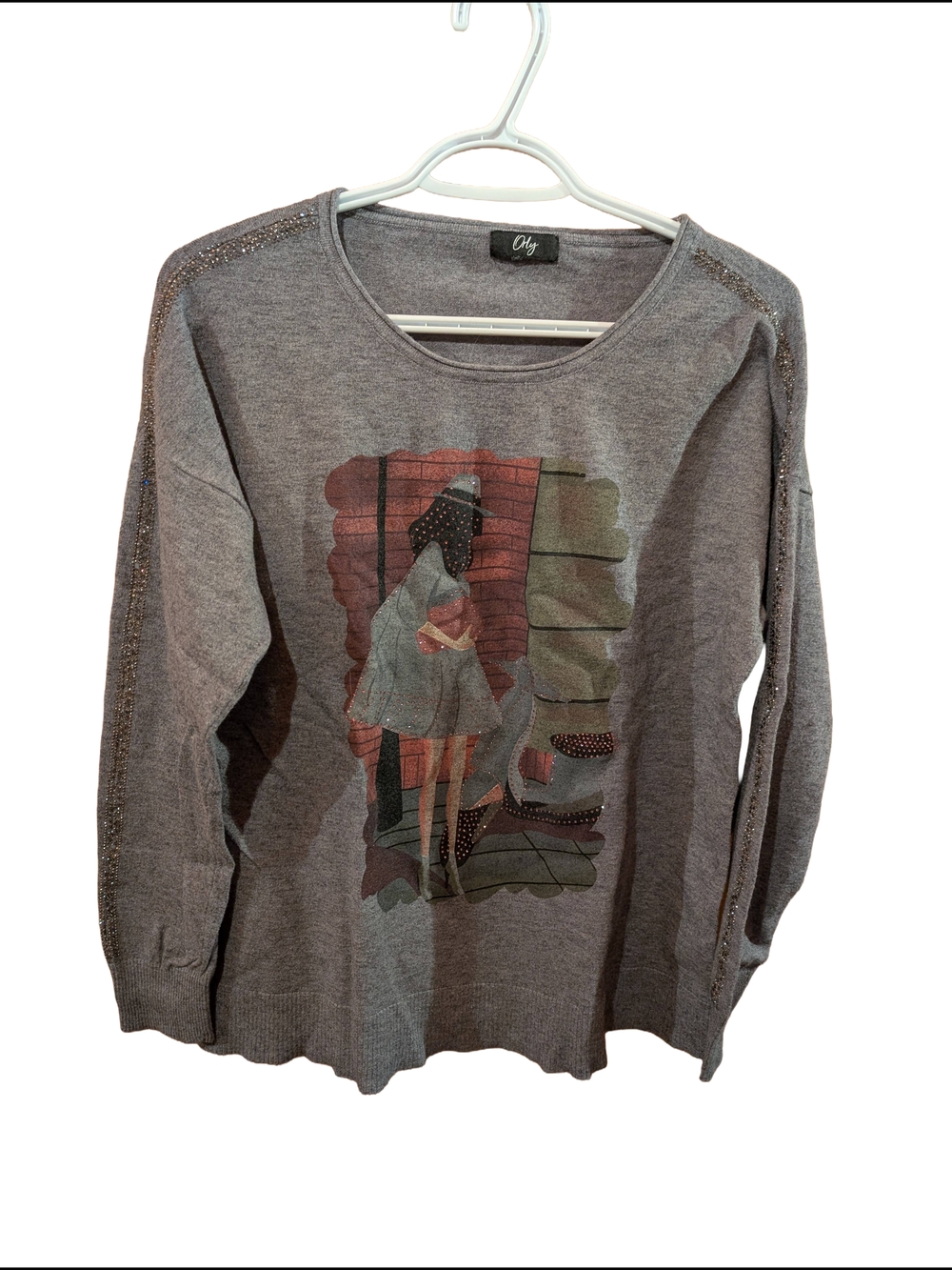 Gray Graphic Knit Sweater with Embellished Shoulders